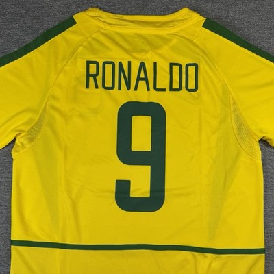 Brazil 2002 Home Ronaldo #9 Retro Yellow Soccer Jersey Size Large