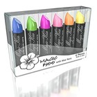 Set of six matte lipsticks in blue, pink, orange, yellow, and purple with “Magic Kiss” branding and aloe vera infusion.