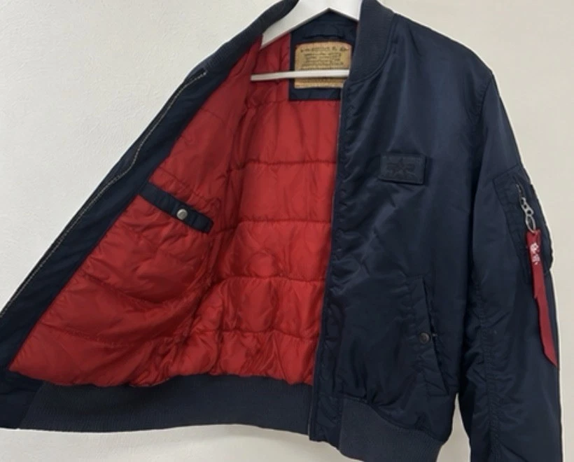 Alpha Industries Bomberjacke Herren L Blau/Rot Nylon Stehkragen RV Taschen Logo - Bild 4 von 4