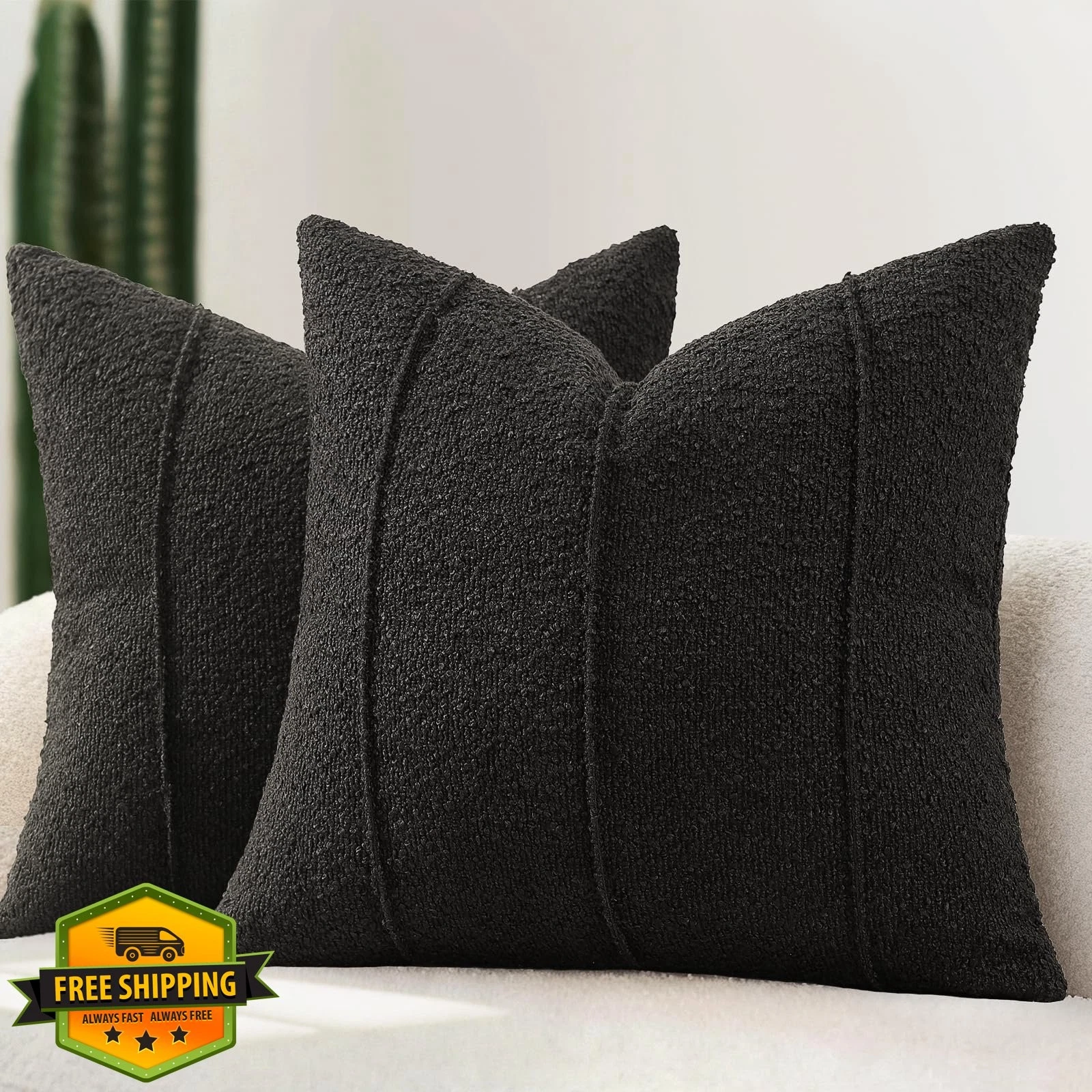 YCOLL Black Boucle Throw Pillow Covers 22x22 Set of 2 Textured Neutral Stripe