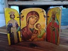Sweet Vintage Wood Orthodox Triptych Religious Folk Art Byzantine Style Tri Fold — photo 6