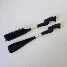 Vintage Japan Dragon Shoe Horn Brush Set Decorative Black Silver Color AS IS