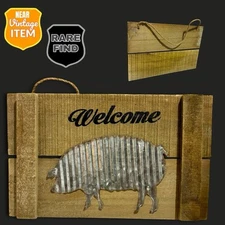 Vintage Rustic Wood Galvanized Metal Pig Rope Hanger 12x7x1 Welcome Sign. RARE!