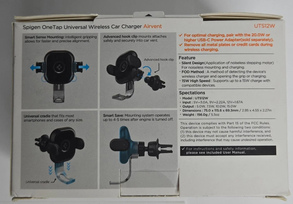 Spigen OneTap Universal Wireless Car Charger Air Vent Mount - UTS12W - Image 2 of 2