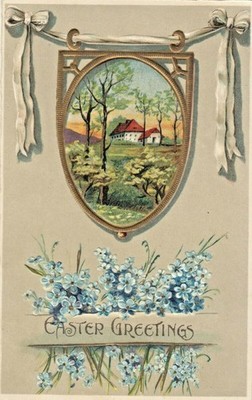 Vintage Easter Postcard  GOLD   WHITE BOW BLUE FLOWERS GREET  EMBOSSED  UNPOSTED