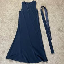 M & S Autograph Navy Sleeveless V-Neck Fit & Flare MIDI Dress With Belt Size 6