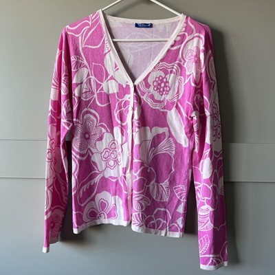 Tori Richard Sweater Womens Medium Pink White Floral Cardigan Hawaiian Resort