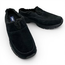 Lands  End Black Suede Clogs 6B Faux Fur Lining Comfort Slippers Mules