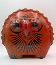 Vintage Large Tonala Mexican Pottery "Sun" Owl Sculpture with Decorated Back