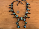 LARGE VINTAGE NATIVE AMERICAN STERLING SILVER TURQUOISE SQUASH BLOSSOM NECKLACE — photo 1
