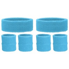 6Pcs Sweatband Set Sports Headband Terry Cloth Wristband Sky Blue