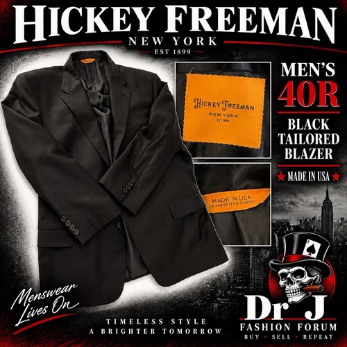 Hickey Freeman, Hickey Freeman Vintage Bespoke Blazer Jacket Mens 40R Black Solid Wool USA Made