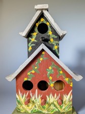 Hand Painted Wooden Bird House, full size. 9.5" tall