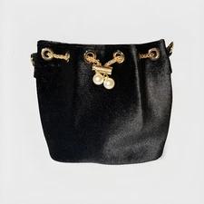 House Of Harlow 1960 Bag Black Faux Pearls Gold Accents Cinch Hobo Missing Strap