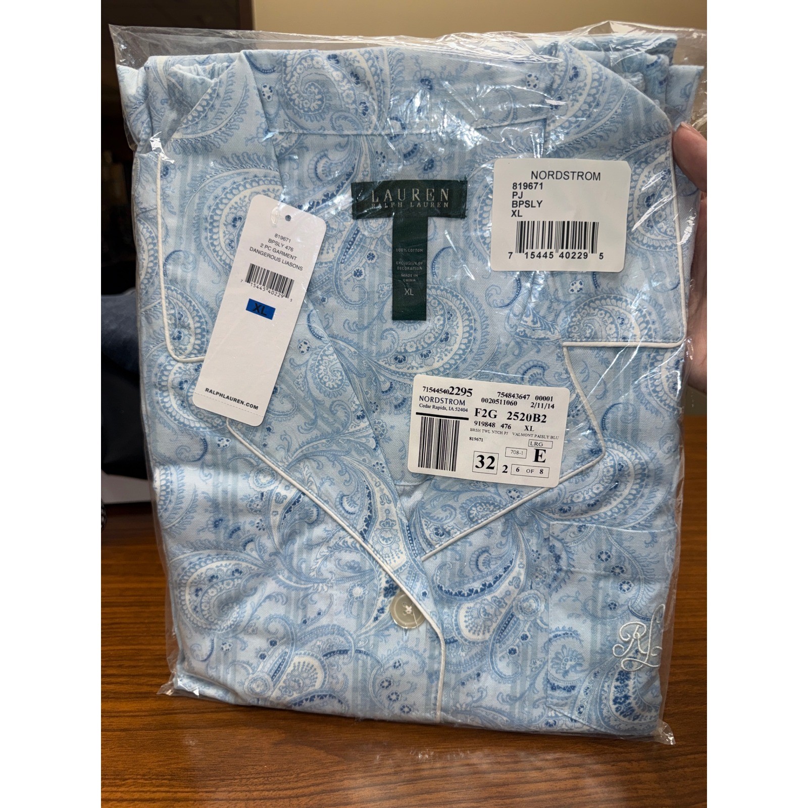 Lauren Ralph Lauren Womens XL Pajama Set Blue Paisley Brushed Twill 2pc NWT