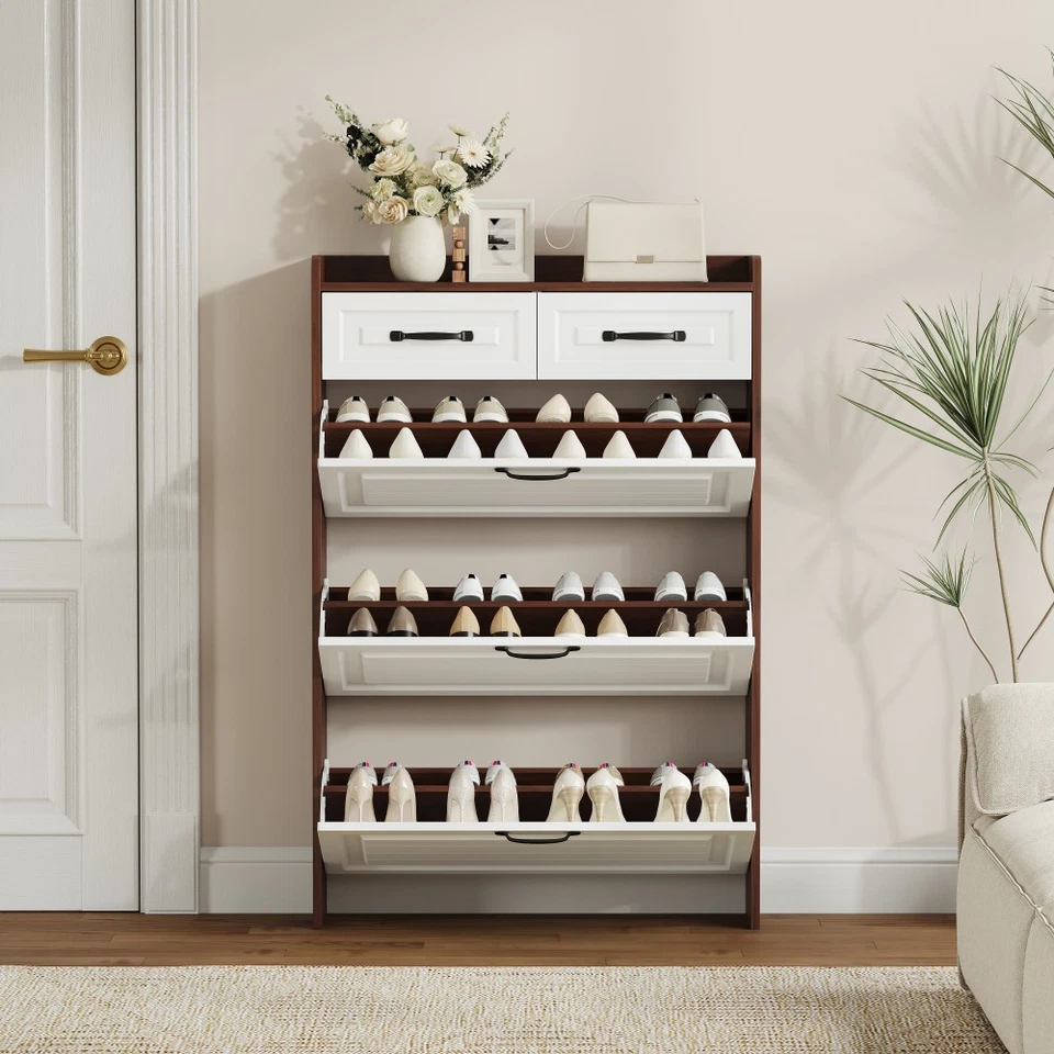 Armário de sapatos cor nogueira, 3 portas e 2 gavetas, design de porta de PVC, grande espaço - Imagem 3 de 4