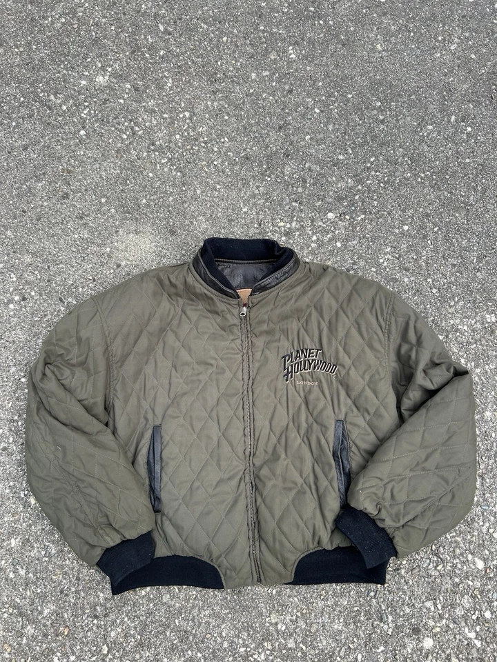 Chaqueta reversible acolchada vintage 1990 Planet Hollywood cuero marrón oliva  Foto 3 de 4