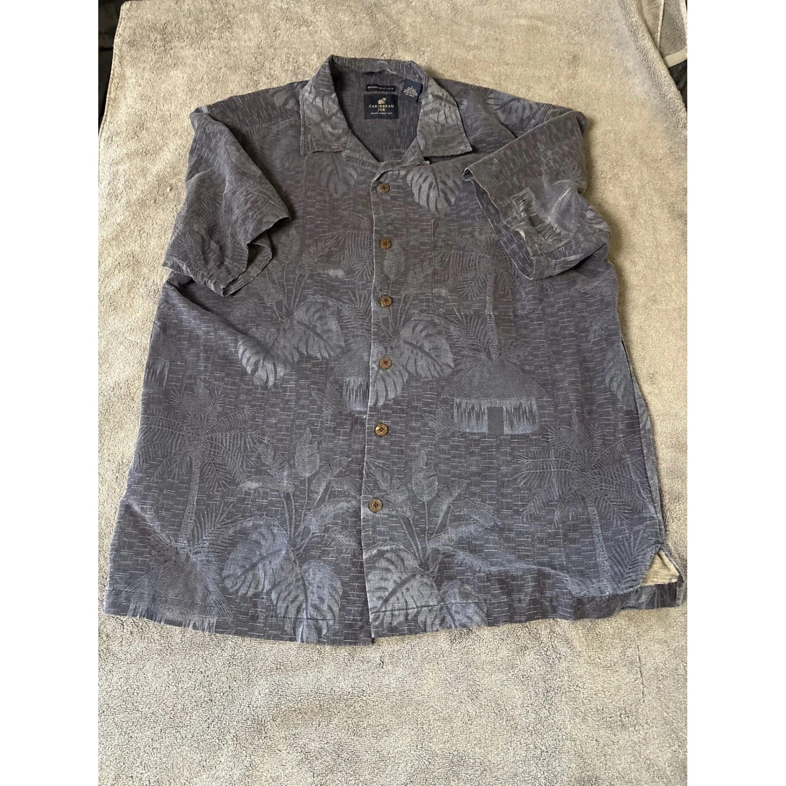 Caribbean Joe Mens Large Washable Silk Tropical Palm Button Up Shirt Gray Blue