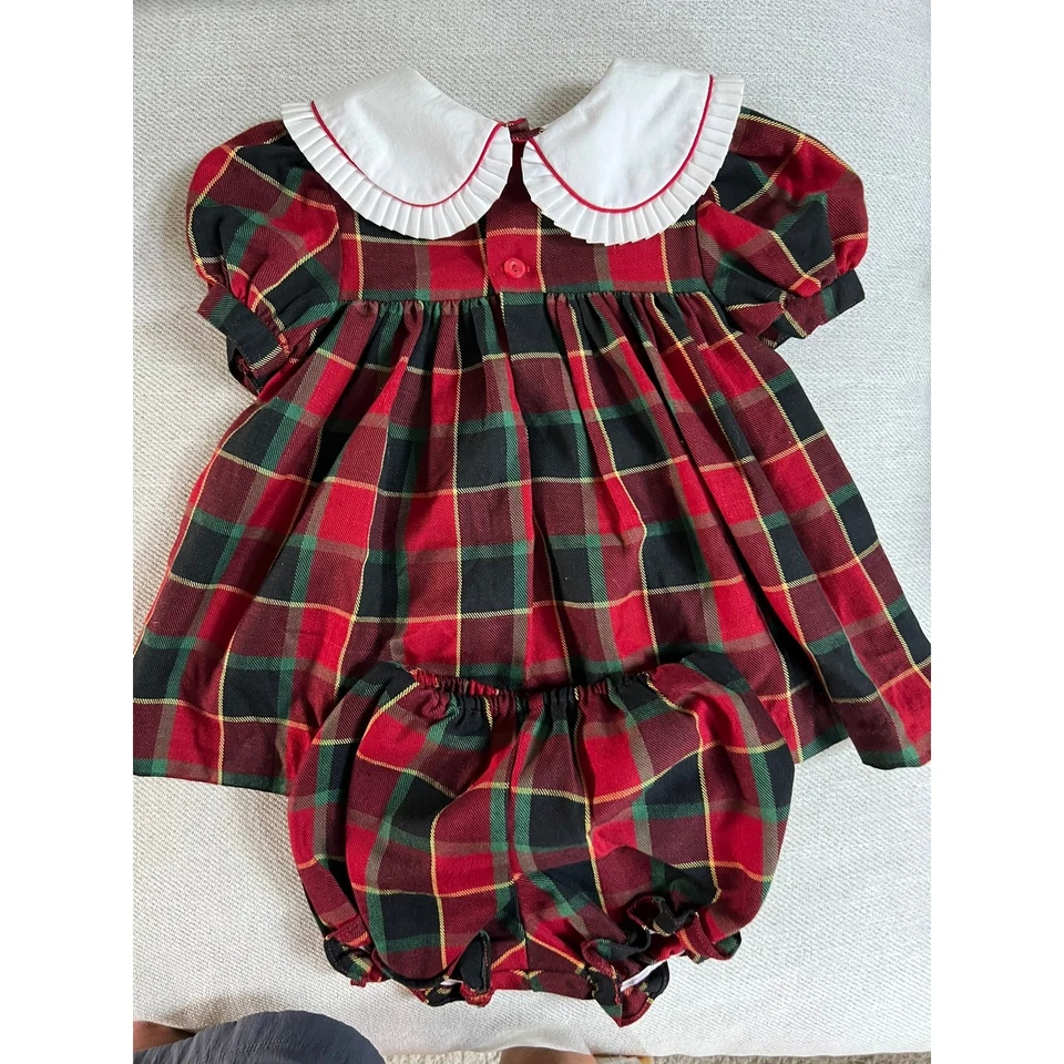 Винтажный Tartan Baby Togs платье, блумеры, вышитый нагрудник 12 mos - Изображение 2 из 4