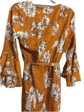 PARISIAN WOMENS BROWN  GREY FLORAL DRESS WITH DOUBLE RUFFLE 3/4 SLEEVES  NEW 14