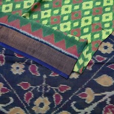 Vintage Green Yellow Saree Pure Silk Pochampally Hand Woven Ikat Sari Fabric