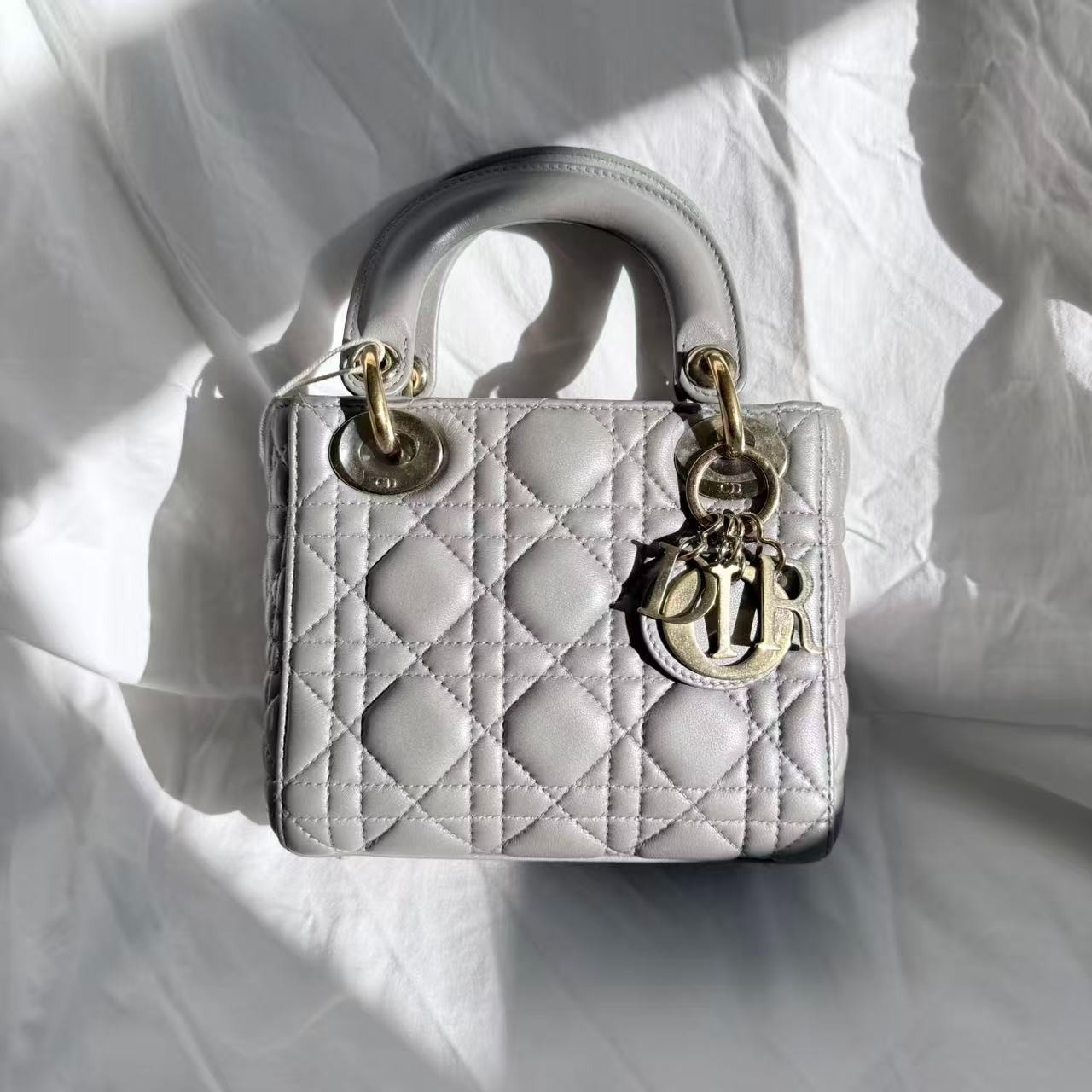 Authentic Christian Dior Mini Lady Dior Gray Lambskin Cannage Top Handle Bag 17