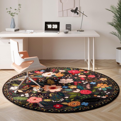 6ft Round Washable Circle Rug, Non-Slip Low Pile, Boho Floral Design - Picture 5 of 9