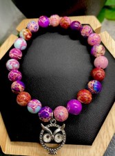 Handmade Beaded Stone Stackable 6.25  Plus Stretch Bracelet New Owl A4812