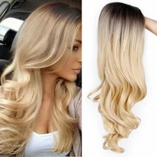 Dark Brown Root to Gold Ombre Long Wavy Curly Blonde Wig Women Synthetic Hair
