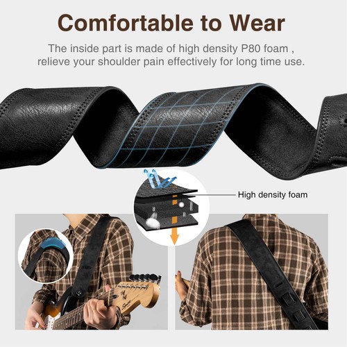 LEKATO 2.5" Wide Leather Guitar Strap Adjustable Acoustic Guitar Bass Belt Strap - Picture 4 of 7