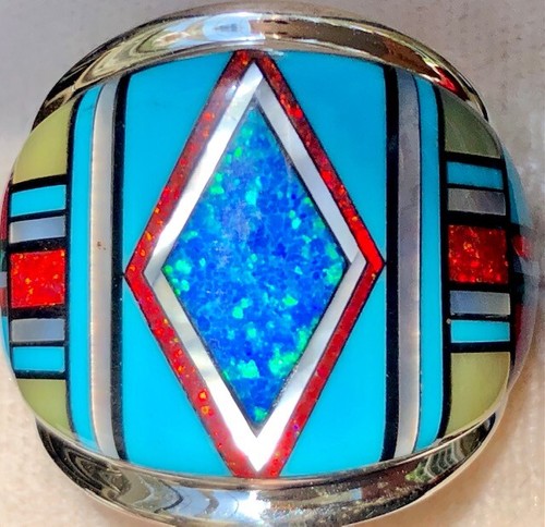 Large Turquoise Red Opal HOT Racing stripes Men's ring Italian 9.5 Silver T - Picture 2 of 12