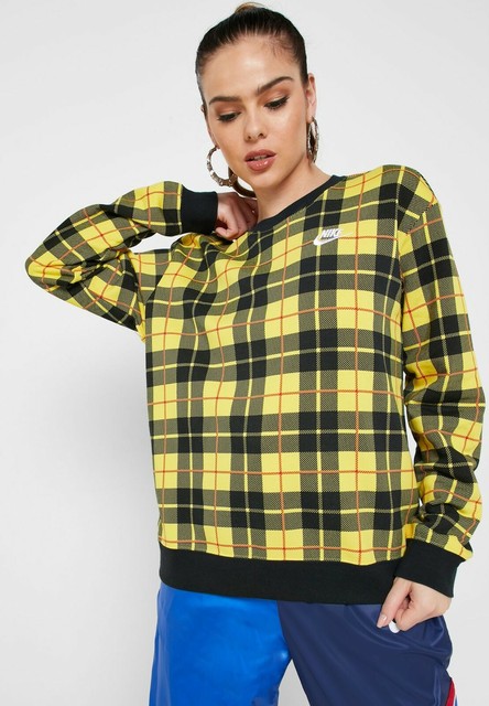 Nike NSW All Over Print Yellow Plaid Fleece Crew Sweatshirt Women's