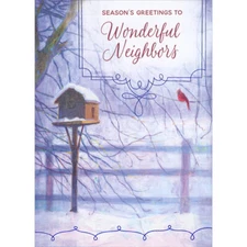 Cardinal Snowy Birdhouse Fence Winter Season's Greetings Card Neighbors