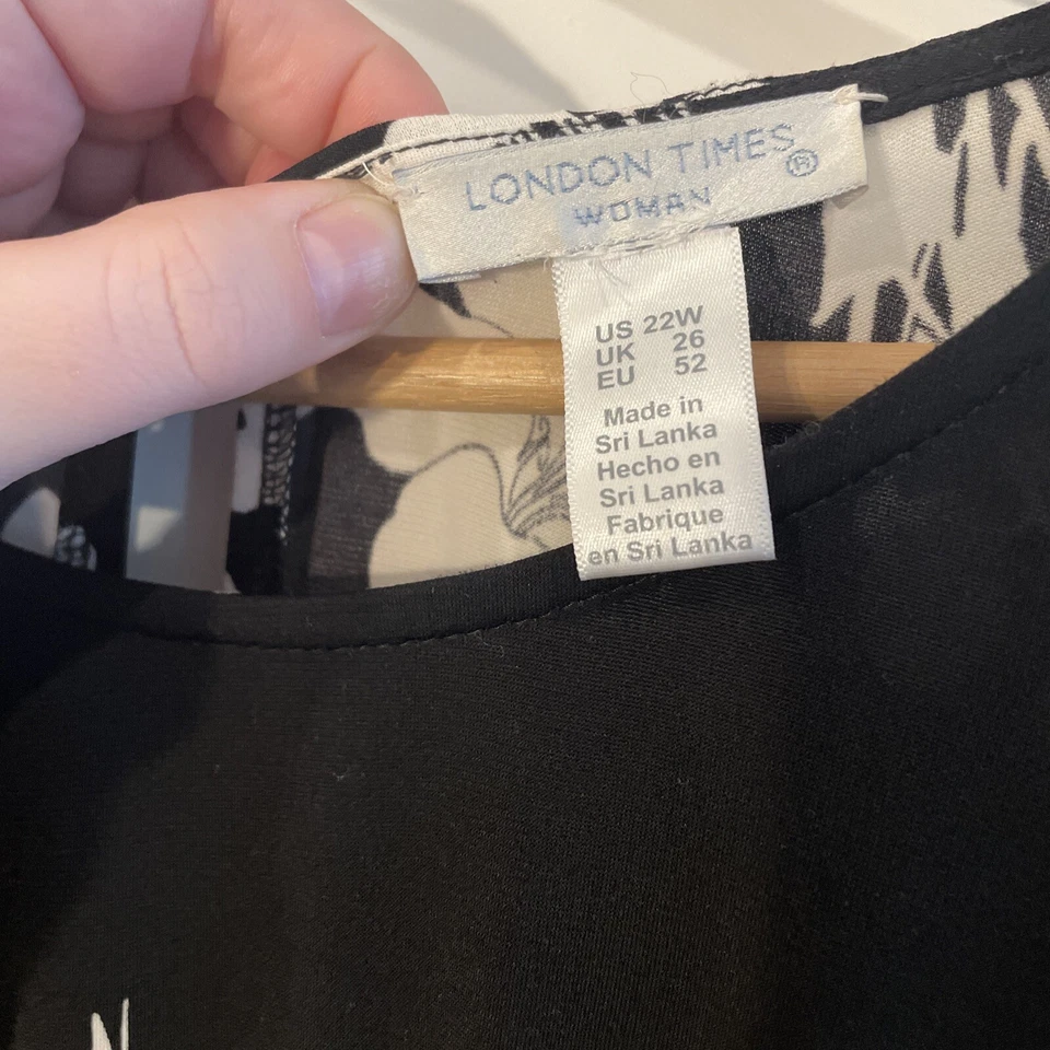 London Times Dress Black Ivory 22W Stretch A Line Pockets Ruched Waist Light - Image 2 of 4