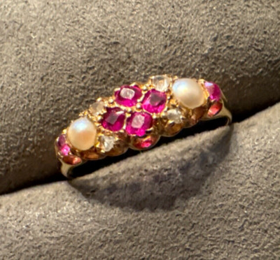 Antique Victorian 18K Yellow Gold Ruby Rose Cut Diamond Seed Pearl Ring 7.25