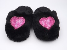 Girls Slippers New Pink Heart Black Faux Fur Size Small 11-12 Slip On