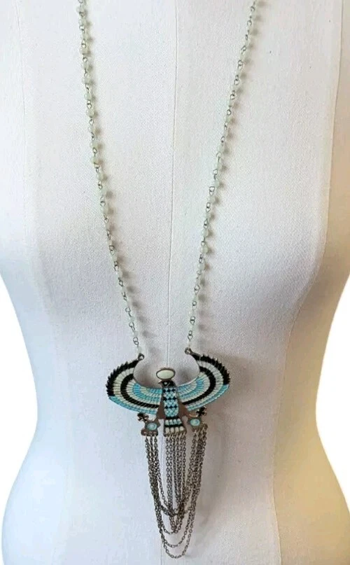 Zad Eagle Fringe Necklace Horus Long Statement Beaded Blue Black Egyptian Boho - Image 4 of 4