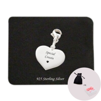 Besonderer Cousin Charm, Sterling Silber Herz auf Clip, personalisiert, Gravur Geschenk