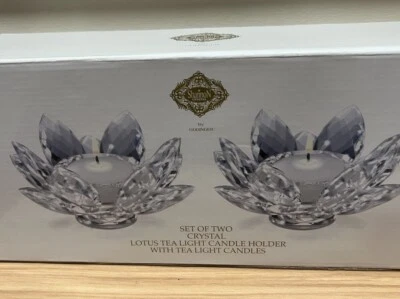 Set Of 2 Shannon Crystal - Godinger clear faceted glass lotus Candle Holders NIB
