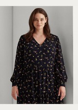 Lauren Woman floral-bishop-sleeve-crepe-dress, Navy/Pink/Multi, 8]