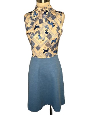 Vintage 60’s Mod Dress Small A-Line Polyester No Tags Blue Cream Horses Bow 