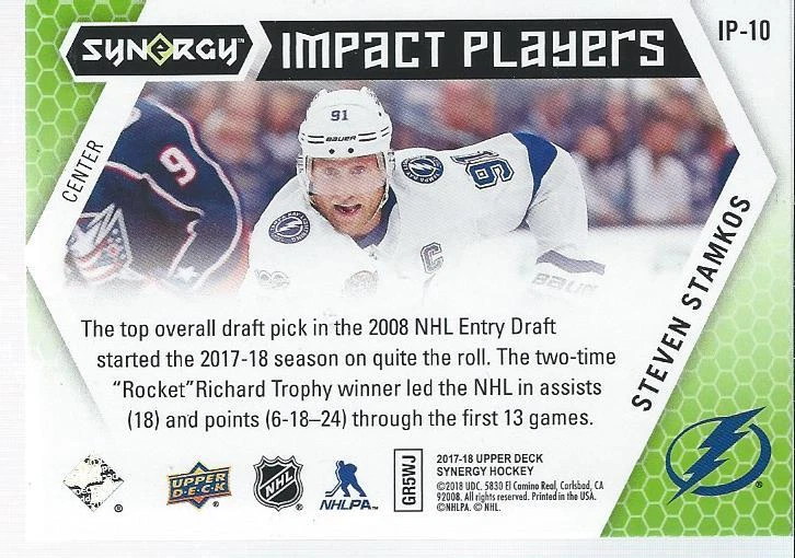 2017-18 Upper Deck Synergy STEVEN STAMKOS Impact Players Green #IP-10 02/16 - Image 2 of 2