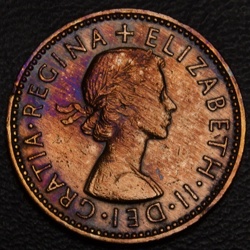 Reino Unido 1958 1 chelín impresionante tono dorado, azul y púrpura (L29-45) Foto 2 de 2