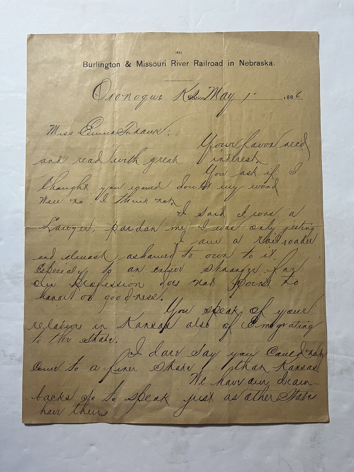 1886 Letter Edwin Brown Burlington & Missouri RR of Nebraska from