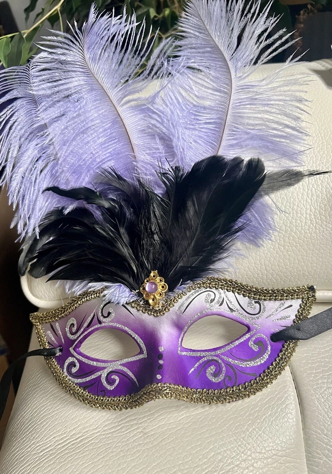 Purple And Black Feather Eye Mask Masquerade Ball Fancy Dress Face Wear - Image 2 of 2