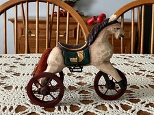 Vintage Folk Art Carved Wood Tan Horse on Wheels Tricycle Style Wood Wheels