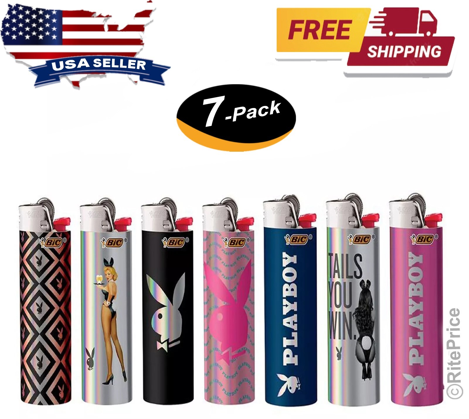 (7 Pack) Holographic Playboy Bunny Design Lighters Regular S