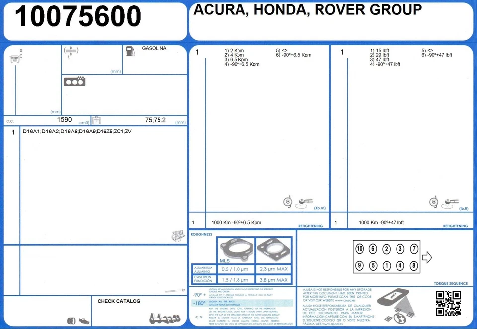 Juego de juntas de culata HONDA CRX 16V 1.6 130 D16A9 (1989-1991) Foto 2 de 2