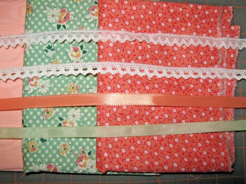 4 FABRIC PIECES & TRIMS FOR DOLL CLOTHES-PEACH & GREEN - Picture 4 of 4