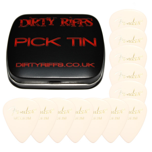 12 x Fender White Medium Classic Celluloid Guitar Picks In A Handy Pick Tin